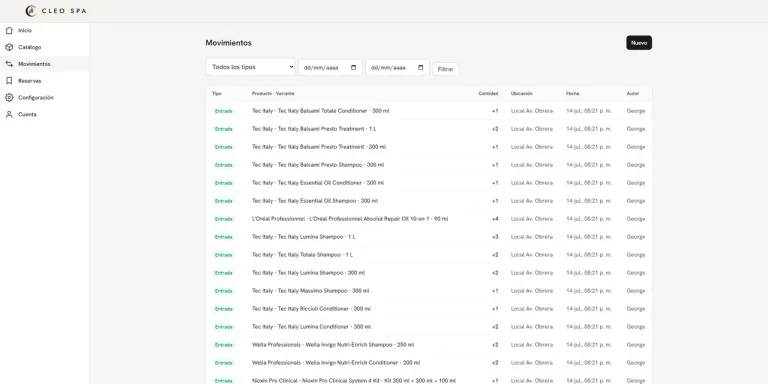 Panel de movimientos de inventario: tabla de entradas, ventas, consumos y mermas, cada fila con producto, cantidad firmada, ubicación, fecha y autor.