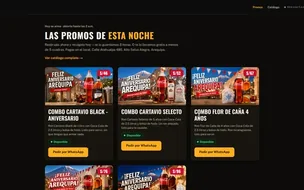 Franja central de la página de promociones: cabecera con logo, titular «Las promos de esta noche», texto y la primera fila de tarjetas de combos con precio y botón de WhatsApp, cortadas por abajo.
