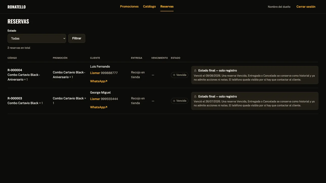 Tabla de reservas: código, promoción, cliente con botones para llamar o abrir WhatsApp, entrega y estado; las vencidas muestran una nota de estado final que se conserva como historial.