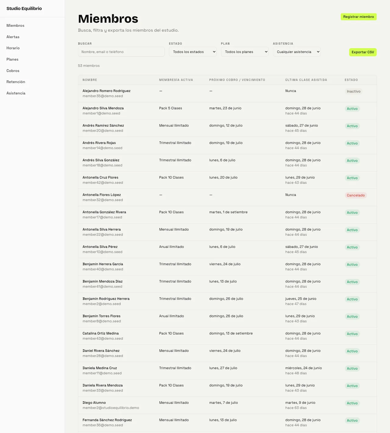 Tabla de miembros con búsqueda, filtros por estado y plan, y exportación a CSV: cada fila lleva membresía activa, próximo cobro, última clase asistida y estado.